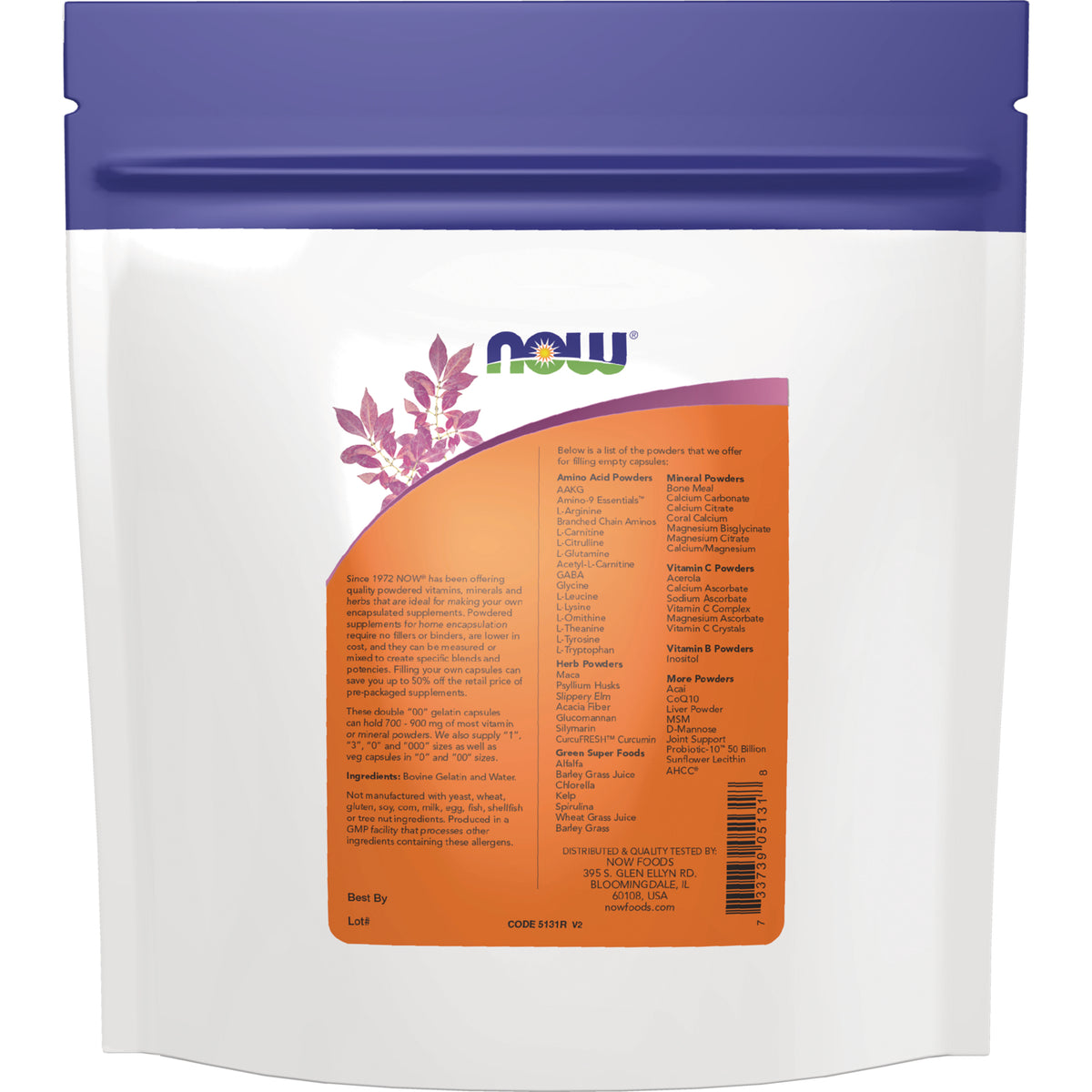 NWF379 | back of white resealable pouch with NOW logo, orange ingredient panel listing ingredients and a barcode