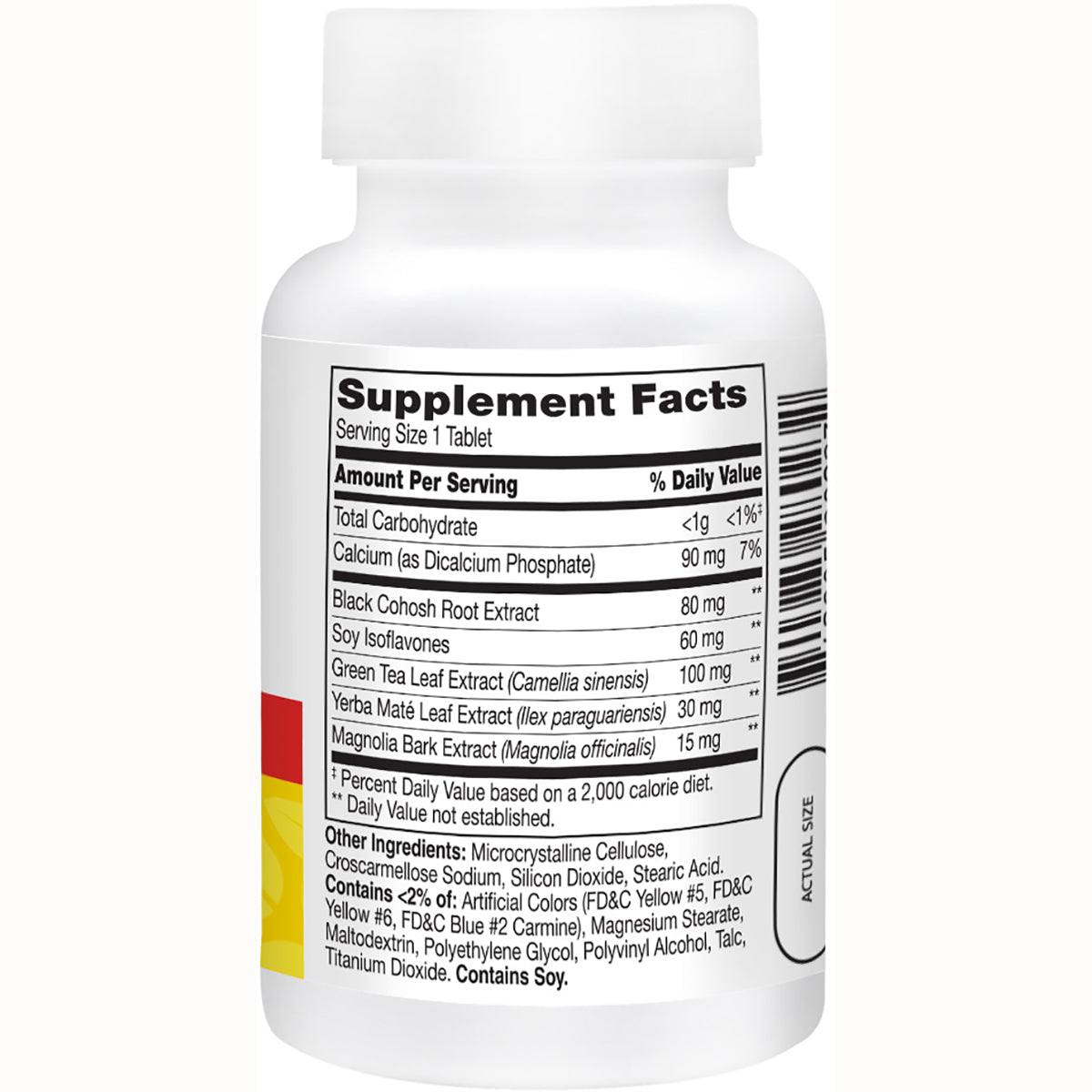 CNT275 | Back of white supplement bottle showing Supplement Facts panel and ingredients list including Contains Soy