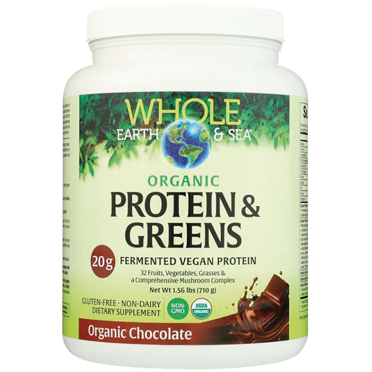 NFC199 | Whole Earth & Sea Organic Protein & Greens powder, organic chocolate flavor tub front label