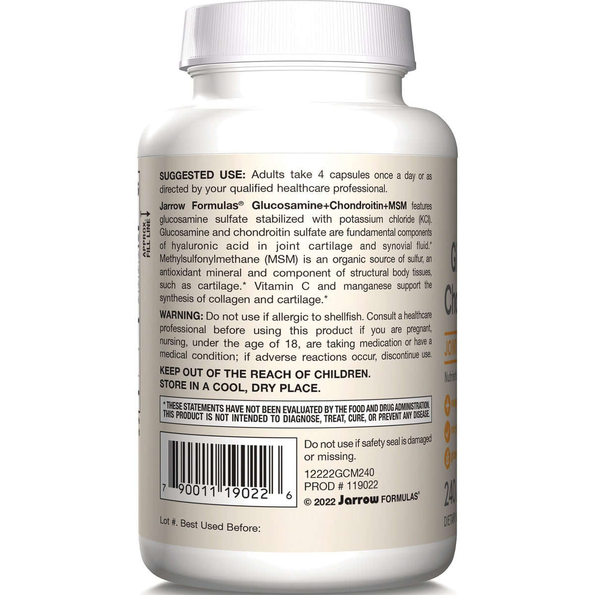 JR082 | Back label of supplement bottle showing suggested use, warnings, ingredients and barcode