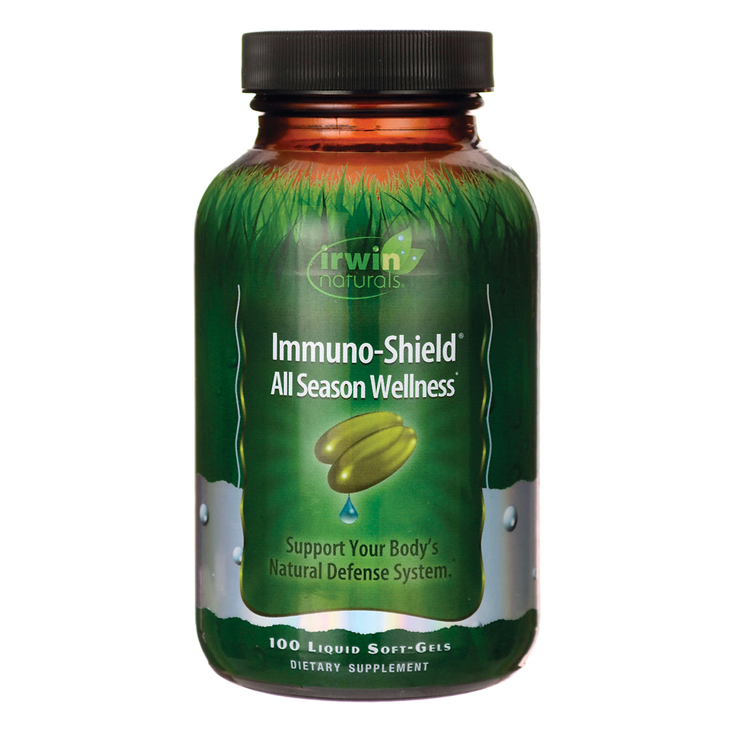 IR107 | brown supplement bottle with green label reading Immuno-Shield All Season Wellness and 100 liquid soft-gels - Thumbnail