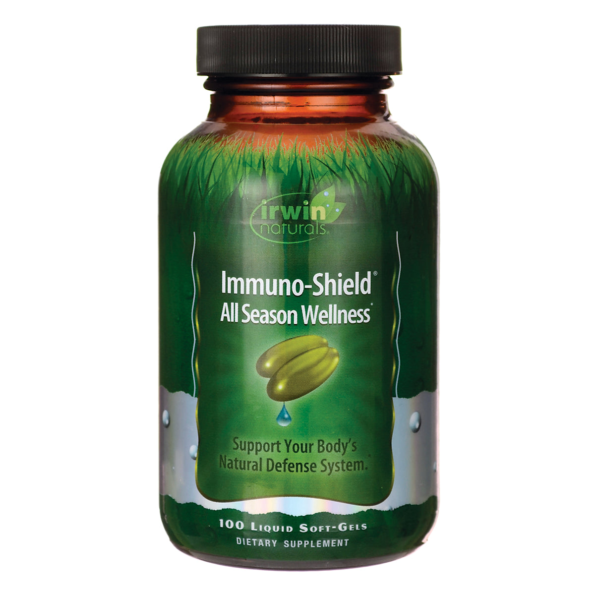 IR107 | brown supplement bottle with green label reading Immuno-Shield All Season Wellness and 100 liquid soft-gels