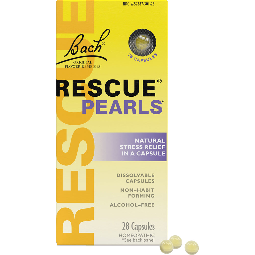 BFL059 | Bach Rescue Pearls yellow box, 28 dissolvable capsules for natural stress relief, three pearl capsules shown - Thumbnail