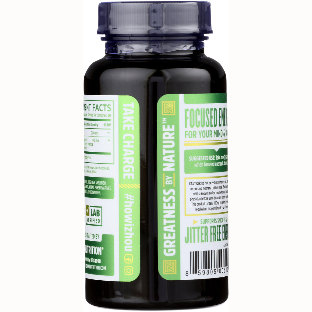 ZOU034 | Side label of Zhou Nutrition supplement bottle showing Focused Energy text, Greatness by Nature, and barcode - Thumbnail