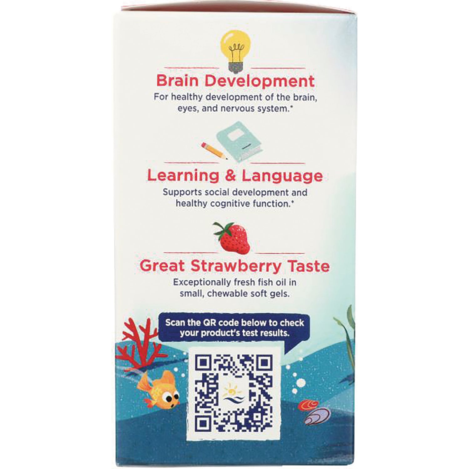 NRN002 | Product infographic showing Brain Development, Learning & Language, Great Strawberry Taste, QR code and ocean illustrations