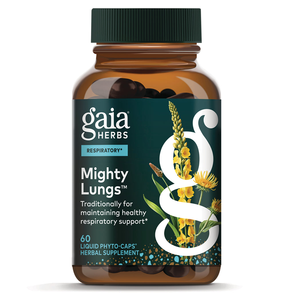 GH168 | Gaia Herbs Mighty Lungs supplement bottle front label showing Mighty Lungs and 60 liquid phyto-caps - Thumbnail
