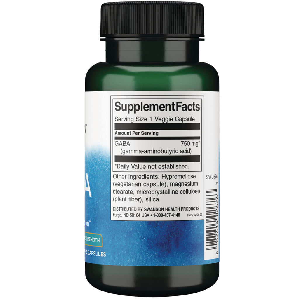 SWU676 | Back label with Supplement Facts: GABA 750 mg per 1 veggie capsule; ingredients and barcode visible - Thumbnail