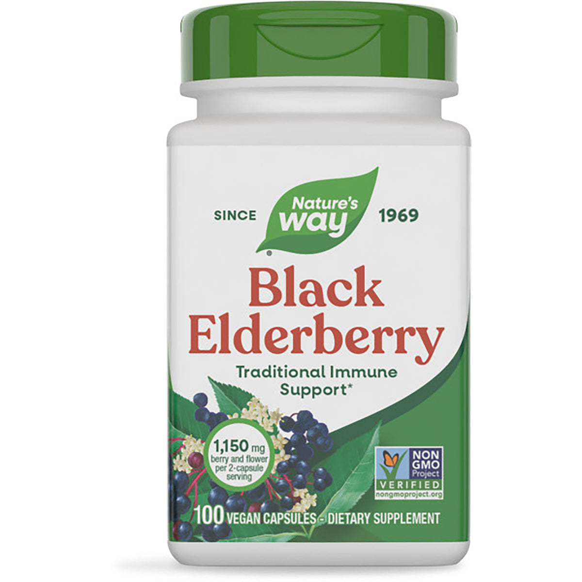 NW390 | Nature's Way Black Elderberry dietary supplement bottle with green cap, label reads Traditional Immune Support and 100 vegan capsules