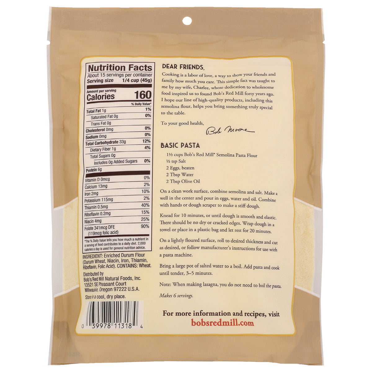 BOB403 | back of beige pasta flour pouch showing Nutrition Facts panel, Basic Pasta recipe text and barcode