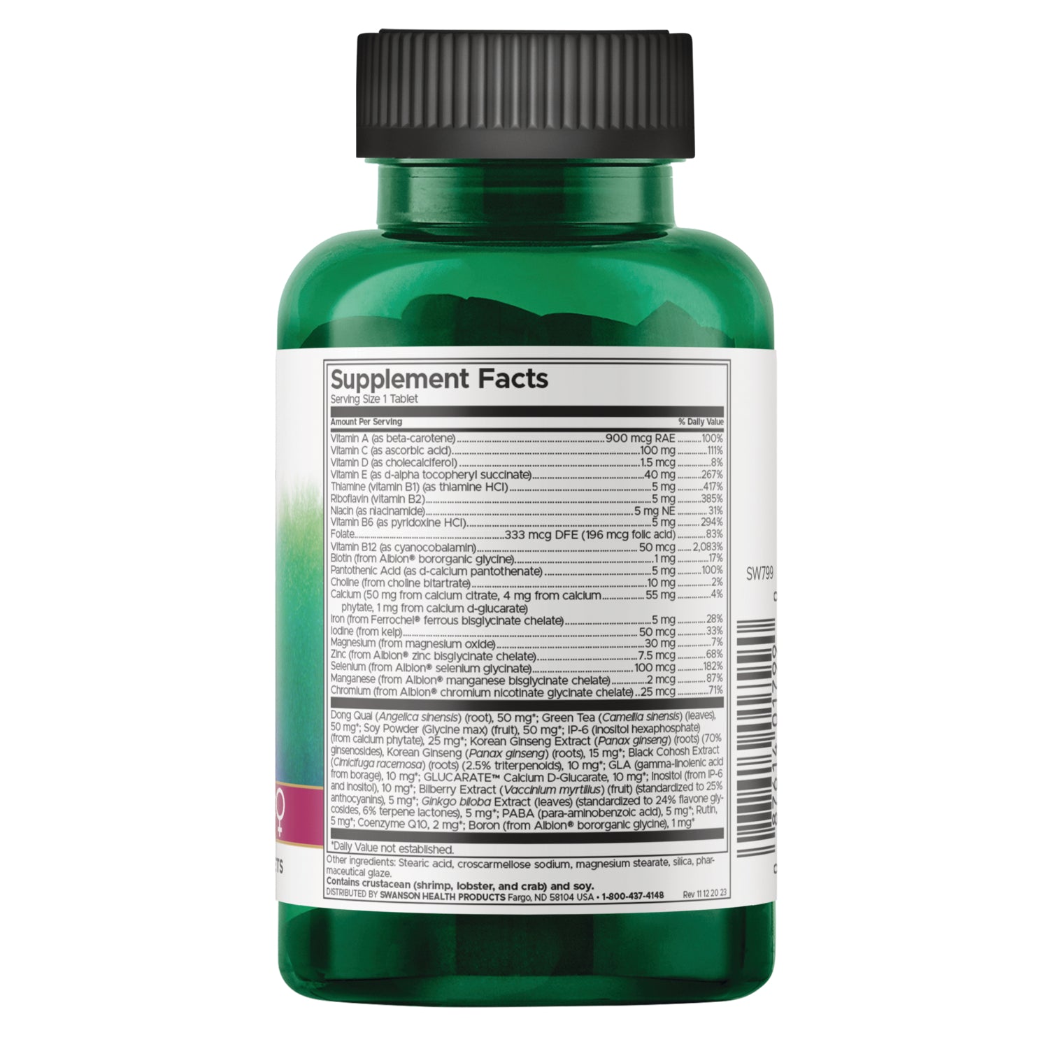 SW800 | Back of green supplement bottle showing Supplement Facts panel and ingredients list