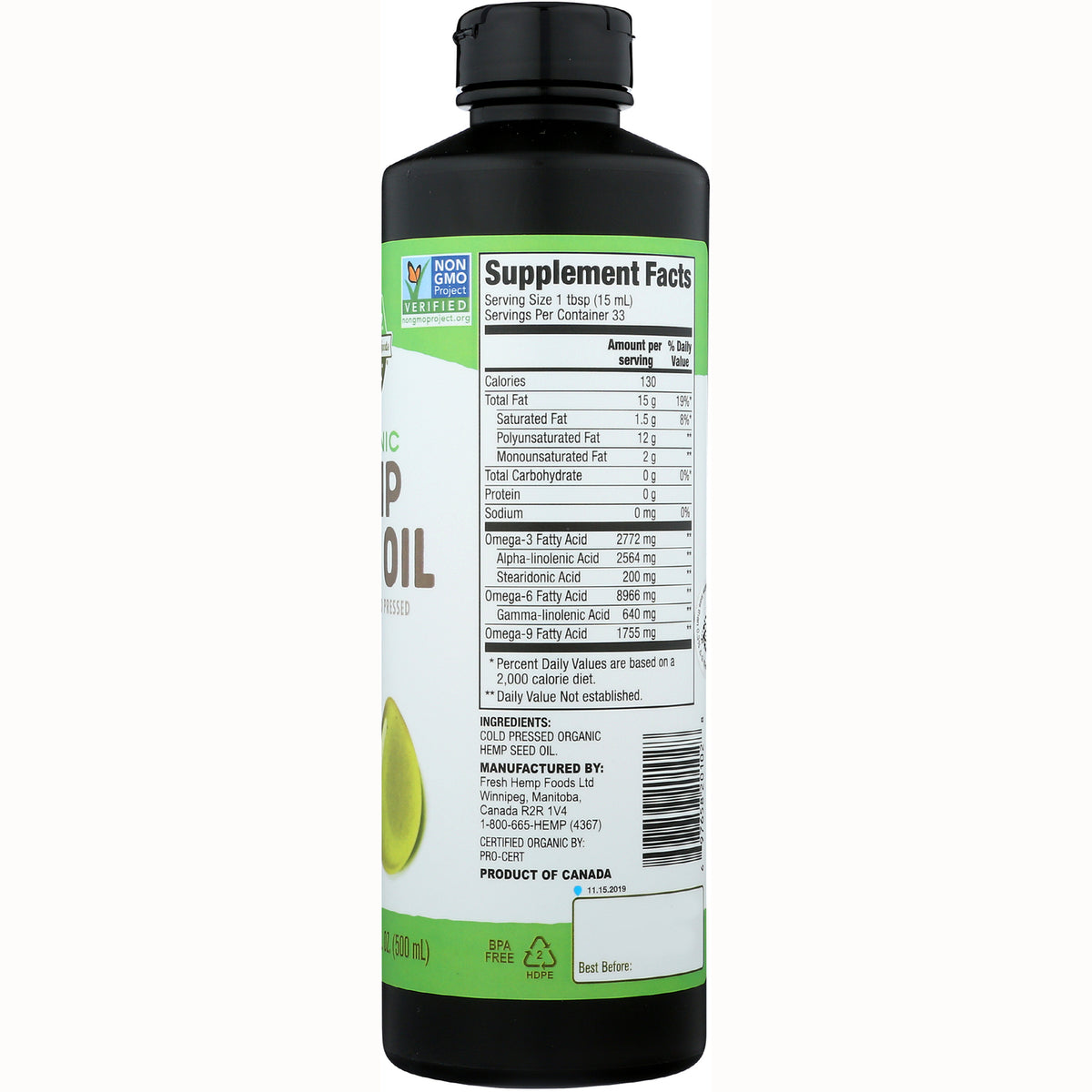 MAN009 | Back label showing Supplement Facts panel, ingredients, barcode, and manufacturing details on hemp oil bottle