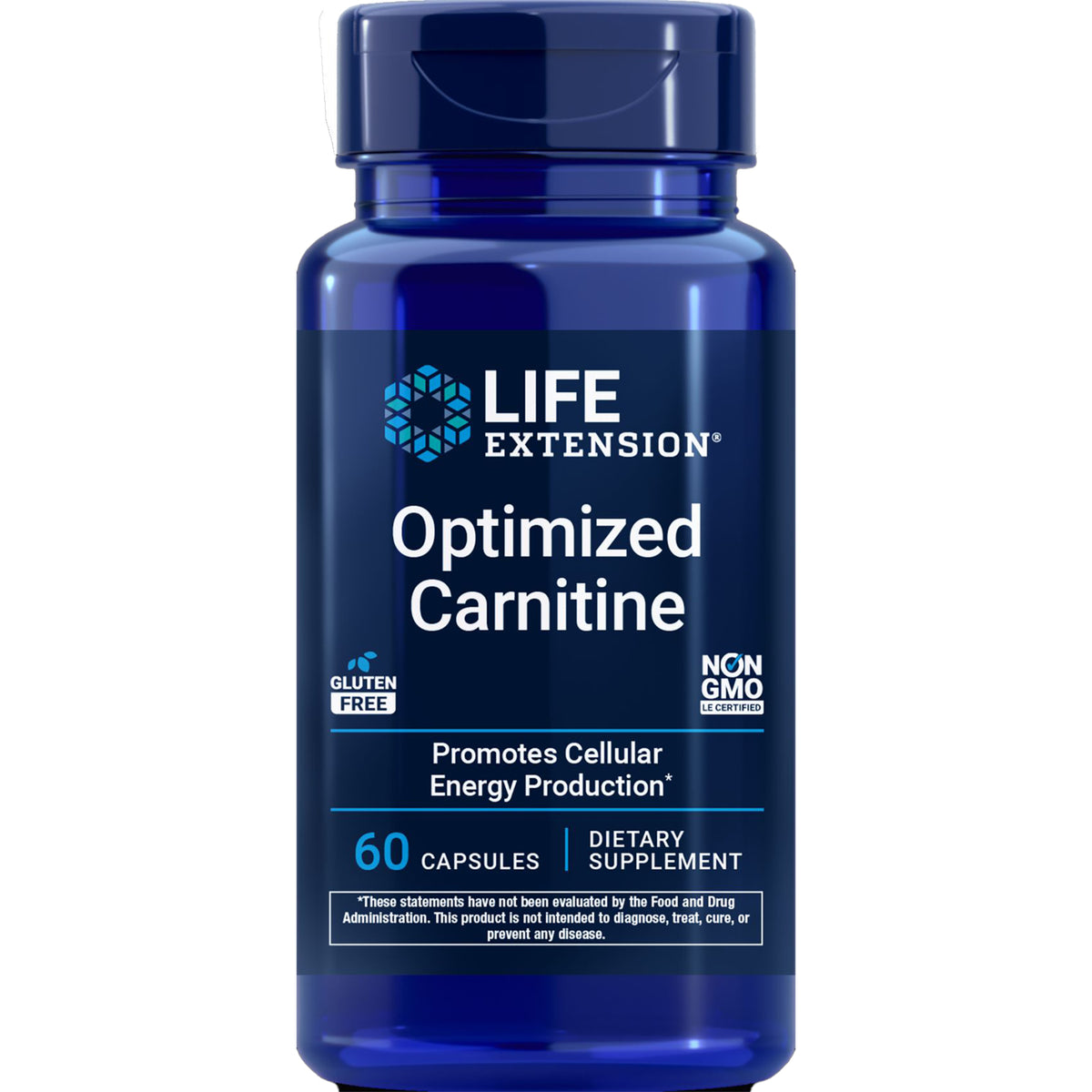 LE448 | Blue Life Extension Optimized Carnitine supplement bottle label reading 60 vegetarian capsules