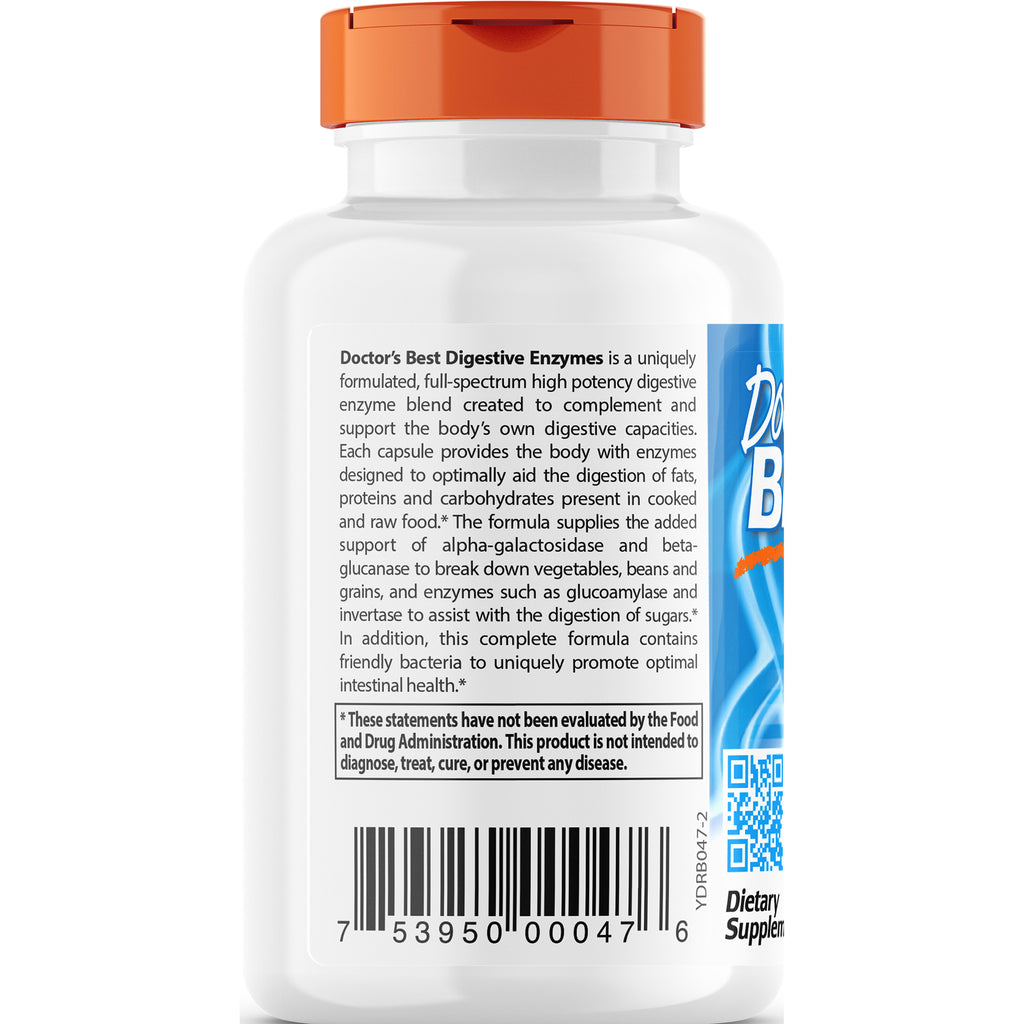 DB080 | Back label of Doctor's Best Digestive Enzymes bottle showing product description, barcode and QR code - Thumbnail