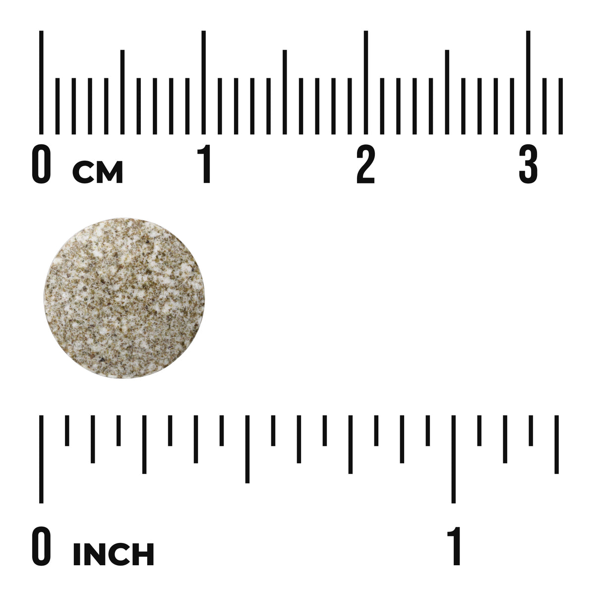 SWD013 | Round speckled tablet shown with rulers in cm and inches for size reference