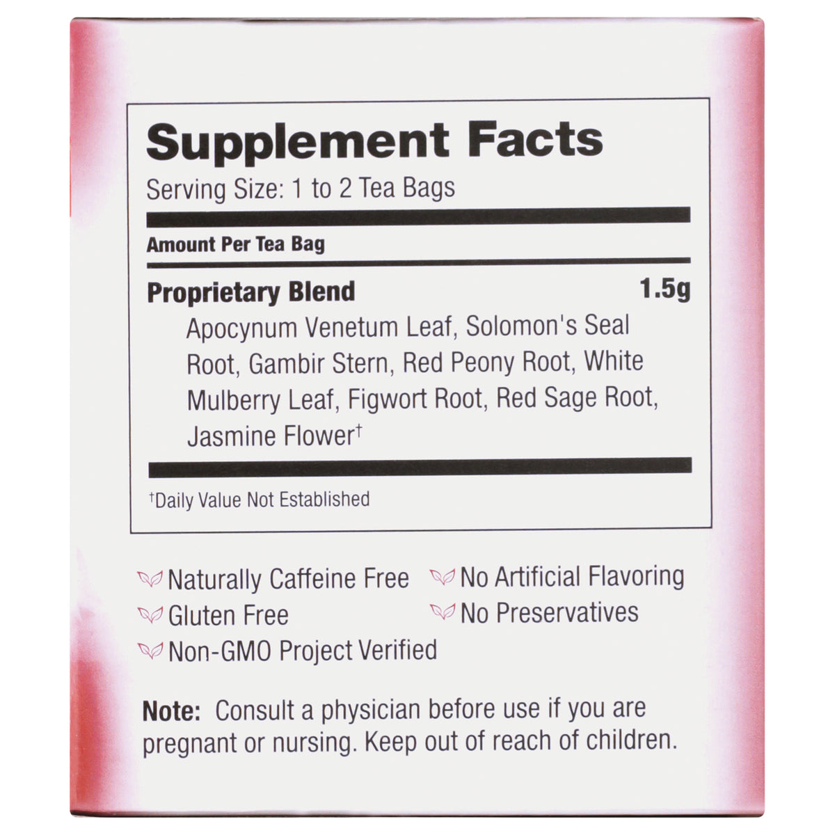 BVT001 | Back panel showing Supplement Facts, serving size 1 to 2 tea bags, proprietary blend ingredients and consult a physician warning