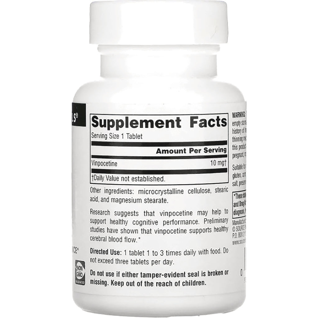 SN140 | Back label of white supplement bottle showing Supplement Facts listing vinpocetine 10 mg and usage directions - Thumbnail