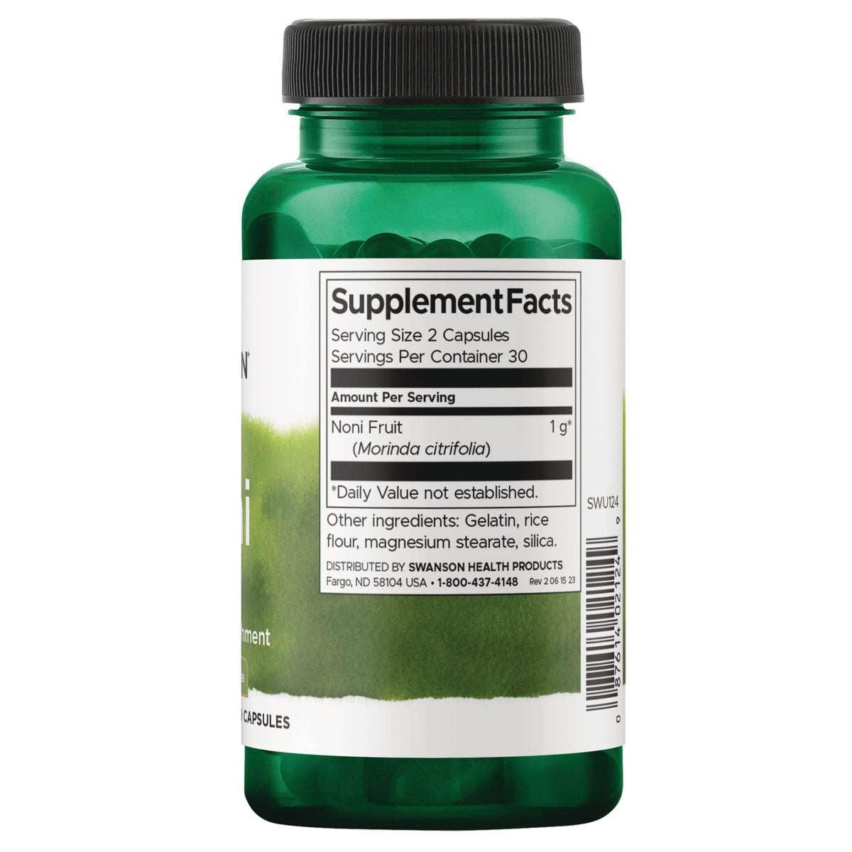 SWU124 | Back label with Supplement Facts for noni fruit capsules, serving size 2 capsules, 30 servings