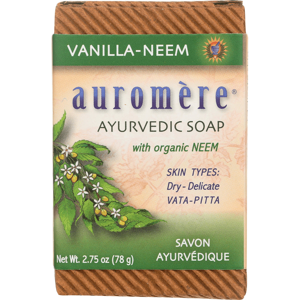 AUR015 | Auromre Vanilla-Neem Ayurvedic soap front packaging showing brand name, neem illustration and net wt 2.75 oz - Thumbnail
