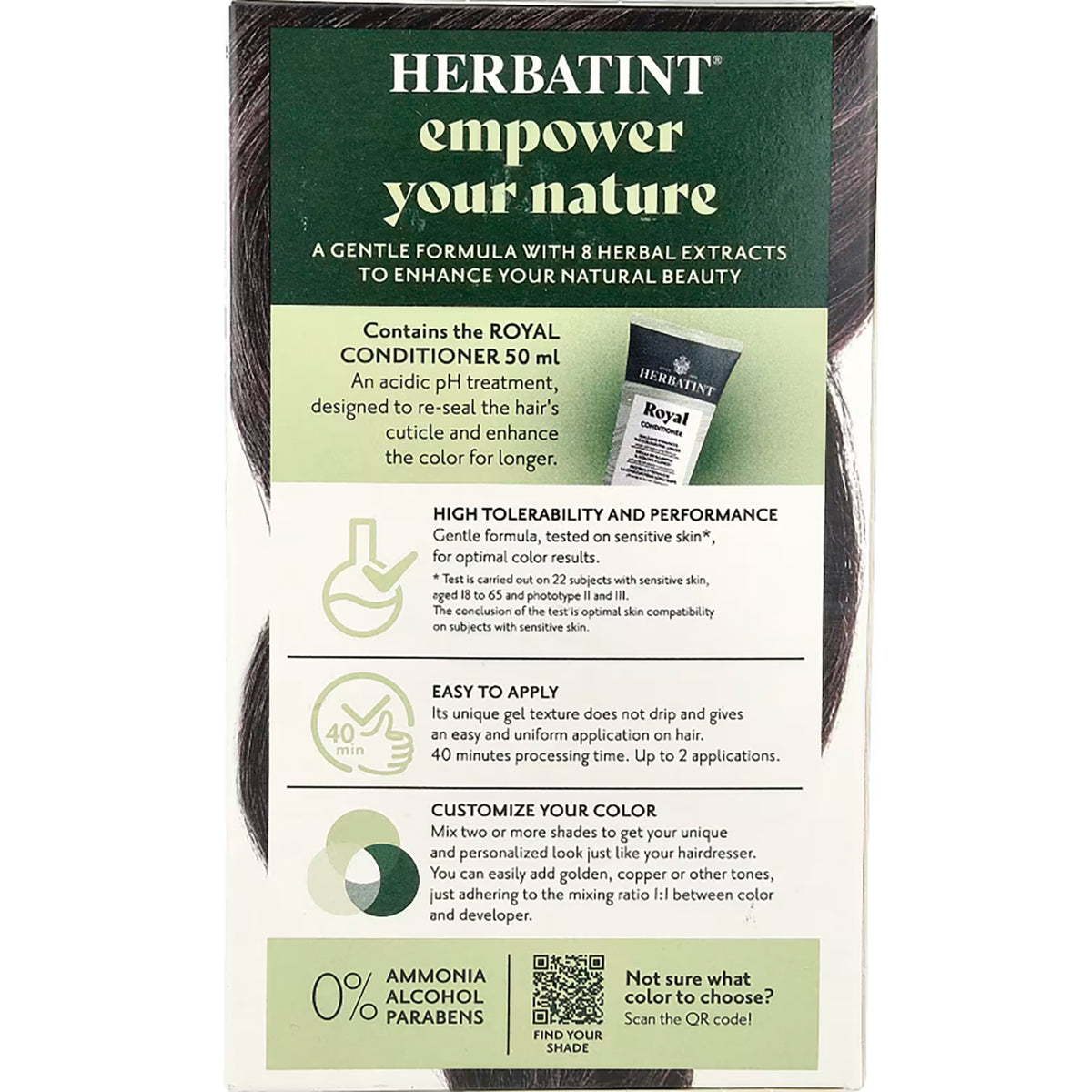 HBT004 | back of Herbatint hair color box showing 'empower your nature', conditioner 50 ml, benefits, 0% ammonia alcohol parabens and QR code