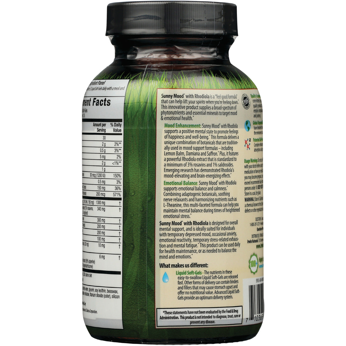 IR090 | Back label showing supplement facts, usage directions, and product description on a green supplement bottle