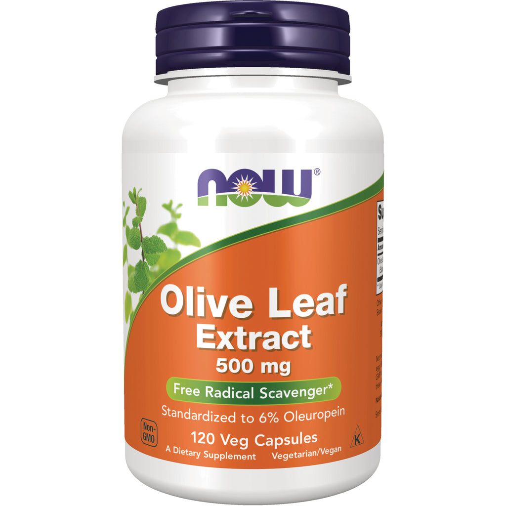 NWF696 | NOW Olive Leaf Extract 500 mg white bottle with orange label, 120 veg capsules front view - Thumbnail
