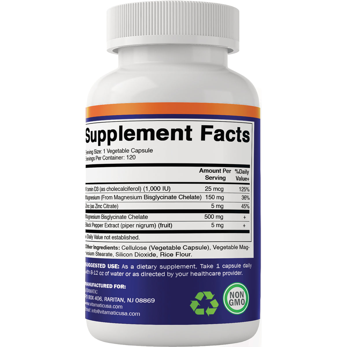 VAM015 | Back of supplement bottle showing Supplement Facts panel and ingredients
