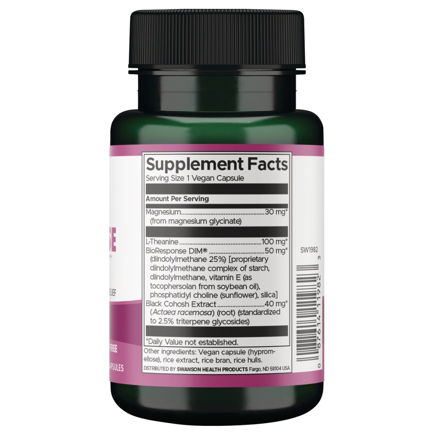 SW1982 | Supplement Facts panel showing Serving Size 1 Vegan Capsule, ingredient list, suggested use and warning text