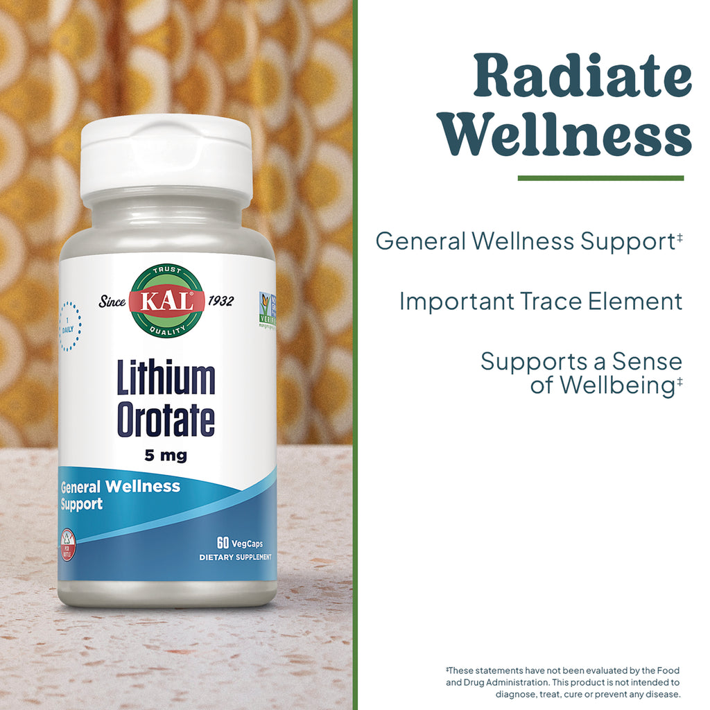 KL593 | KAL Lithium Orotate 5 mg bottle beside wellness claims and General Wellness Support text - Thumbnail