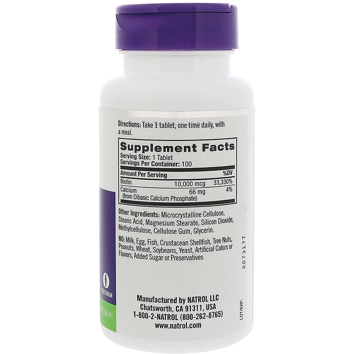 NA503 | back of white supplement bottle showing Supplement Facts panel and ingredient text, purple cap