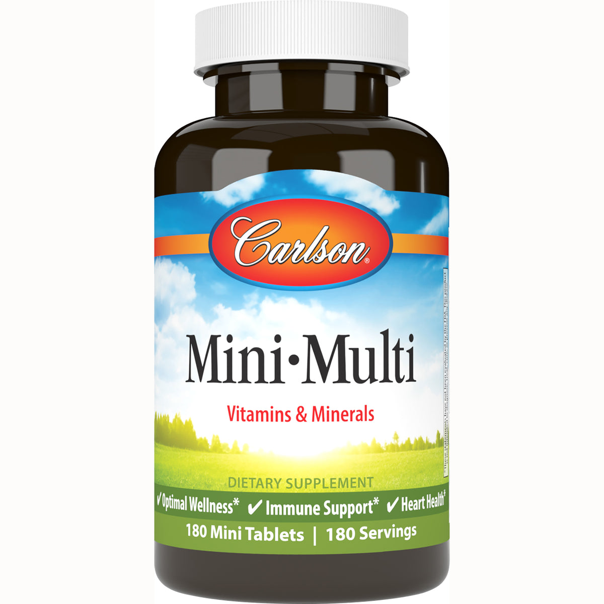 CSN200 | Carlson MiniMulti vitamins & minerals bottle front label, 180 mini tablets