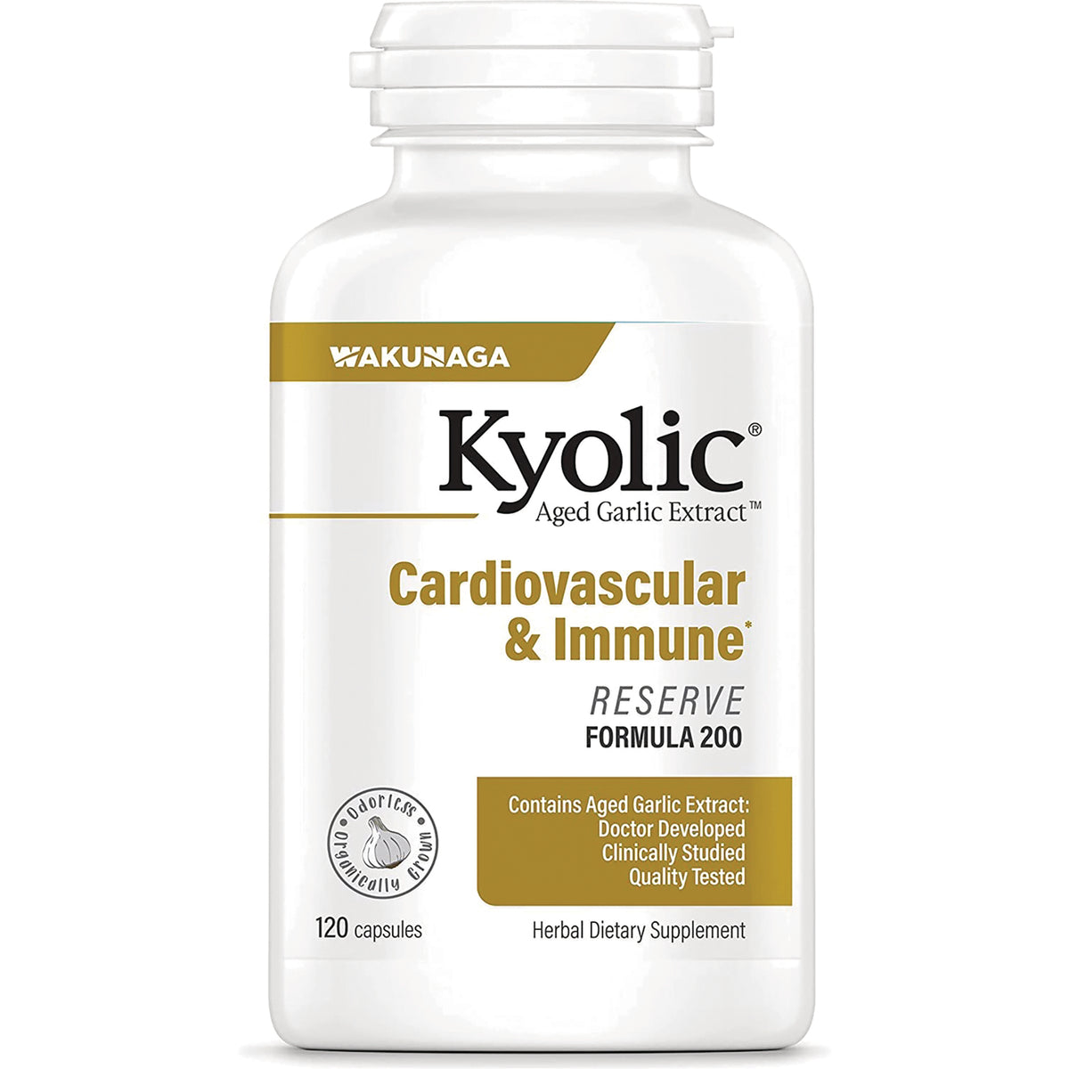 KY068 | Kyolic Cardiovascular & Immune Reserve Formula 200 white supplement bottle, 120 capsules