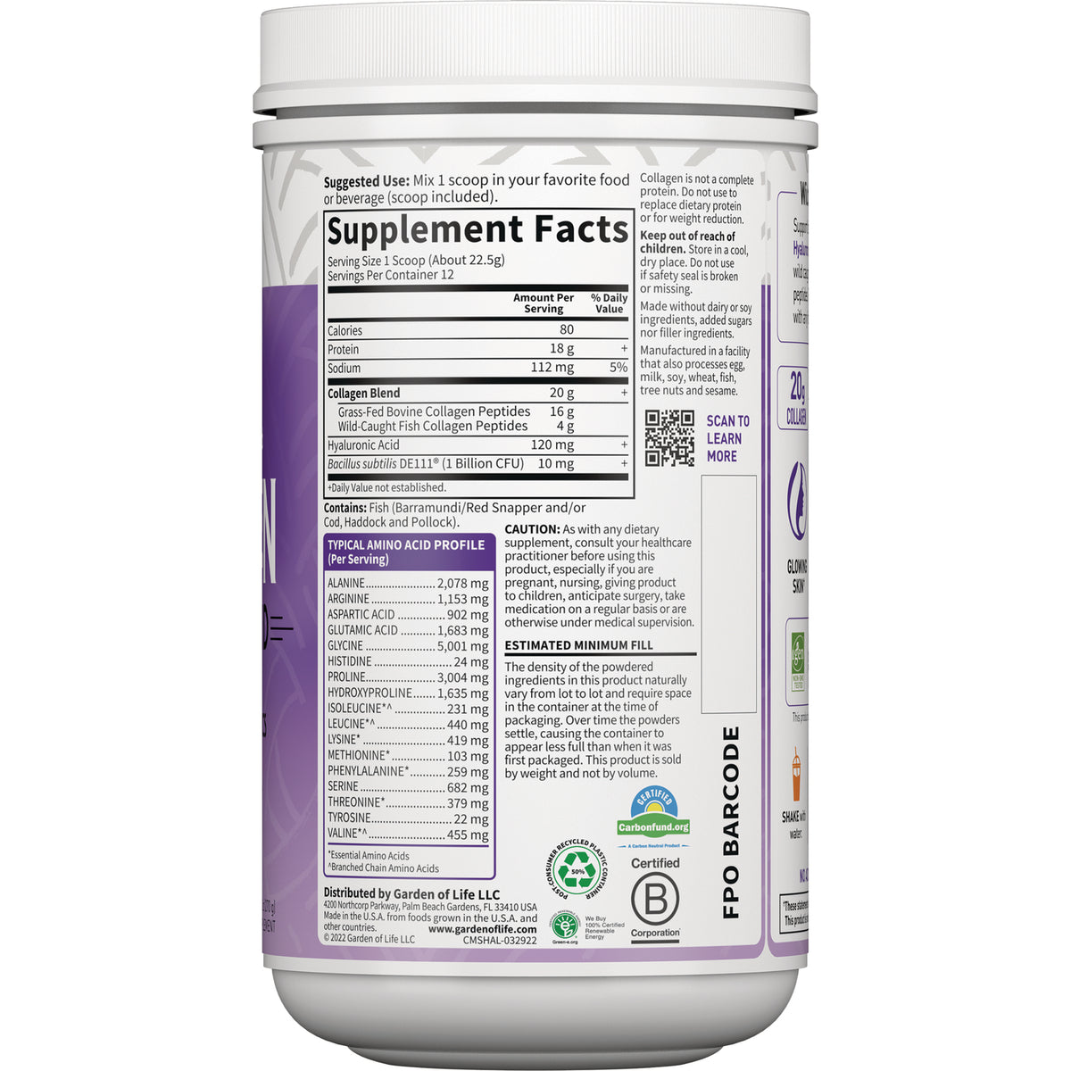 GLF350 | back label showing Supplement Facts, ingredient amounts, amino acid profile and usage directions