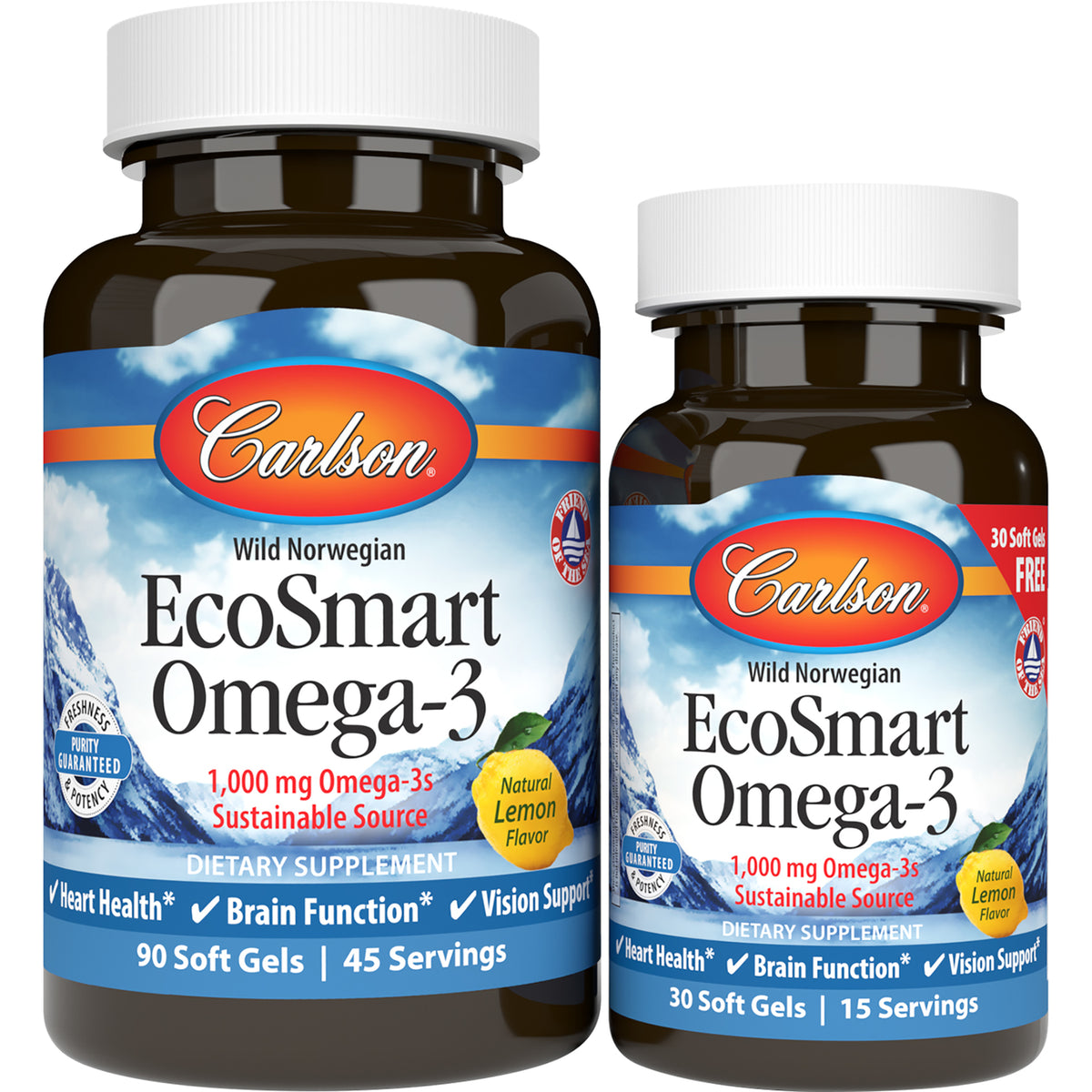 CSN084 | Two bottles of Carlson EcoSmart Omega-3 dietary supplement, natural lemon flavor, 90 and 30 soft gels