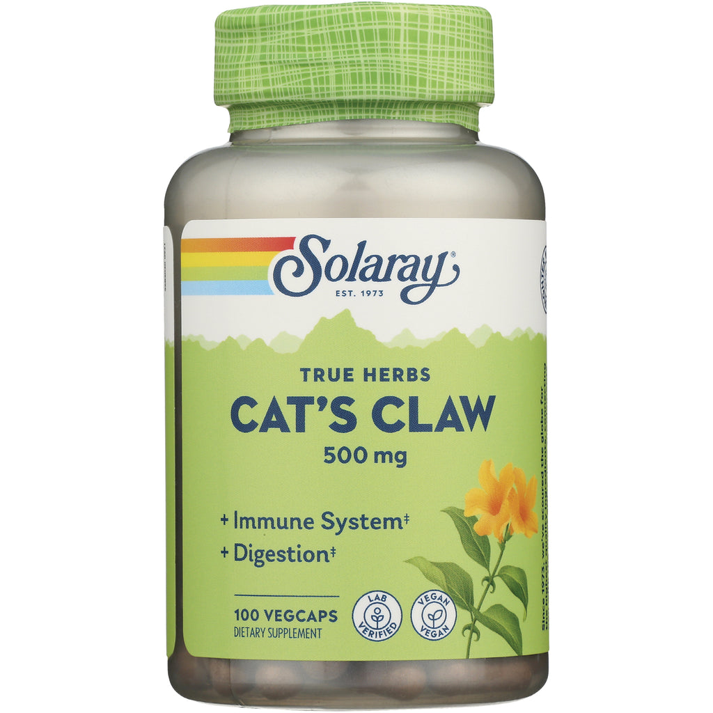 SLR338 | Solaray Cat's Claw 500 mg supplement bottle front label, 100 vegcaps - Thumbnail