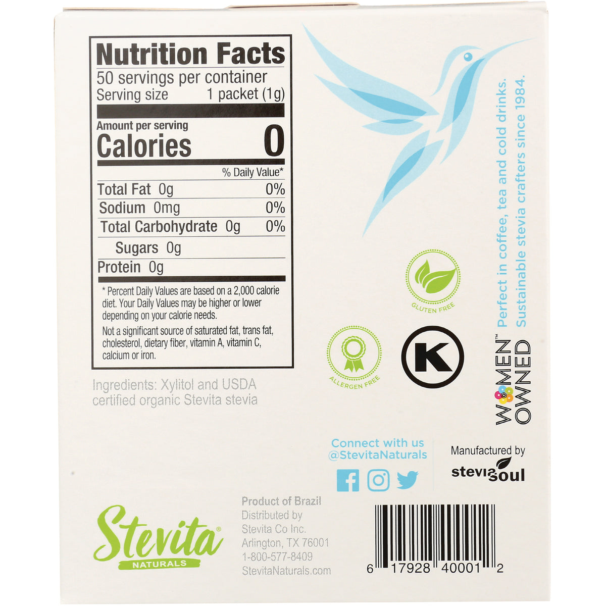 STV002 | Back of Stevita Naturals sweetener box with Nutrition Facts, Calories 0, 50 servings, gluten free, kosher