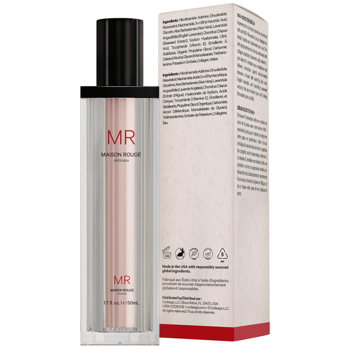 CDG062 | bottle and product box back showing Maison Rouge branding, usage directions and refillable packaging text