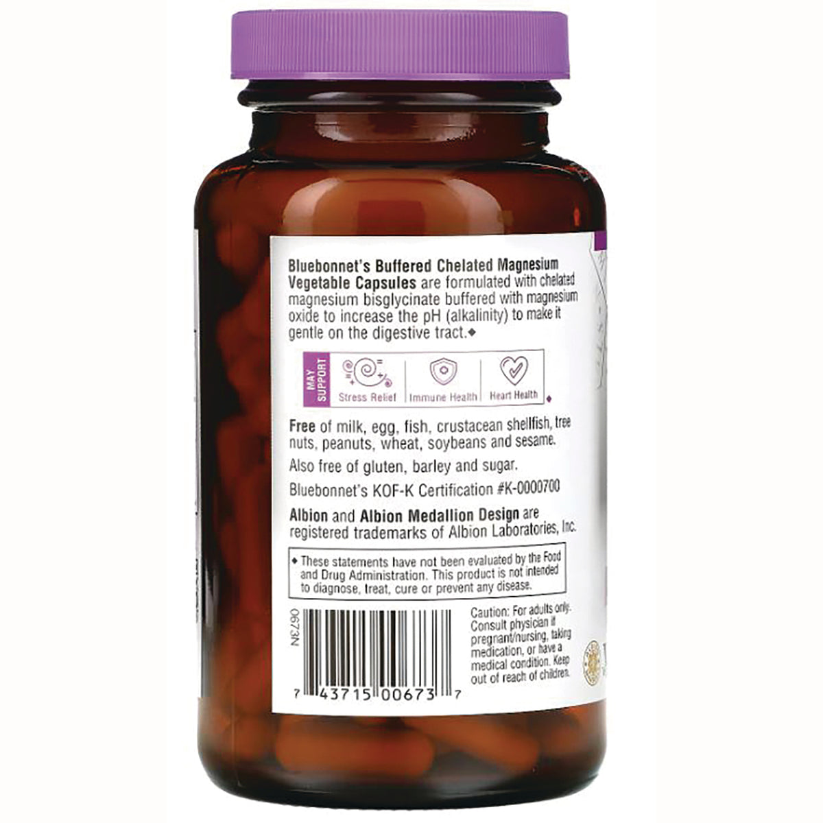BLU058 | Back label of brown supplement bottle showing ingredients, allergen statements and barcode