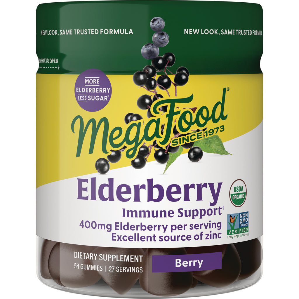 MGF106 | MegaFood Elderberry gummy jar front, berry immune support, 400mg per serving, USDA Organic and Non-GMO labels - Thumbnail