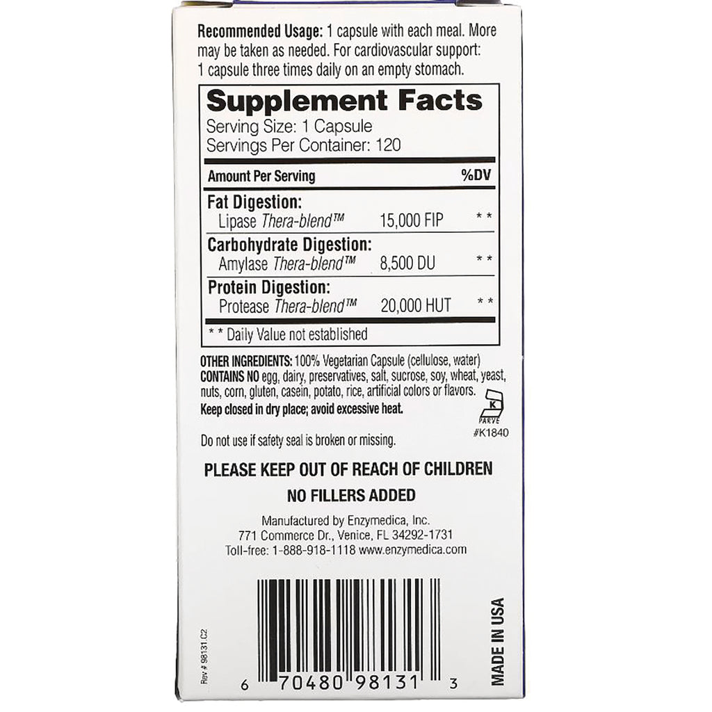 EMD016 | back panel showing Supplement Facts, serving size 1 capsule, enzyme blend amounts, other ingredients and barcode - Thumbnail