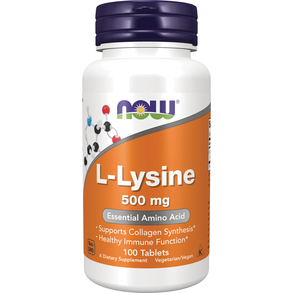 NWF832 | NOW L-Lysine 500 mg supplement bottle, 100 tablets, orange label - Thumbnail
