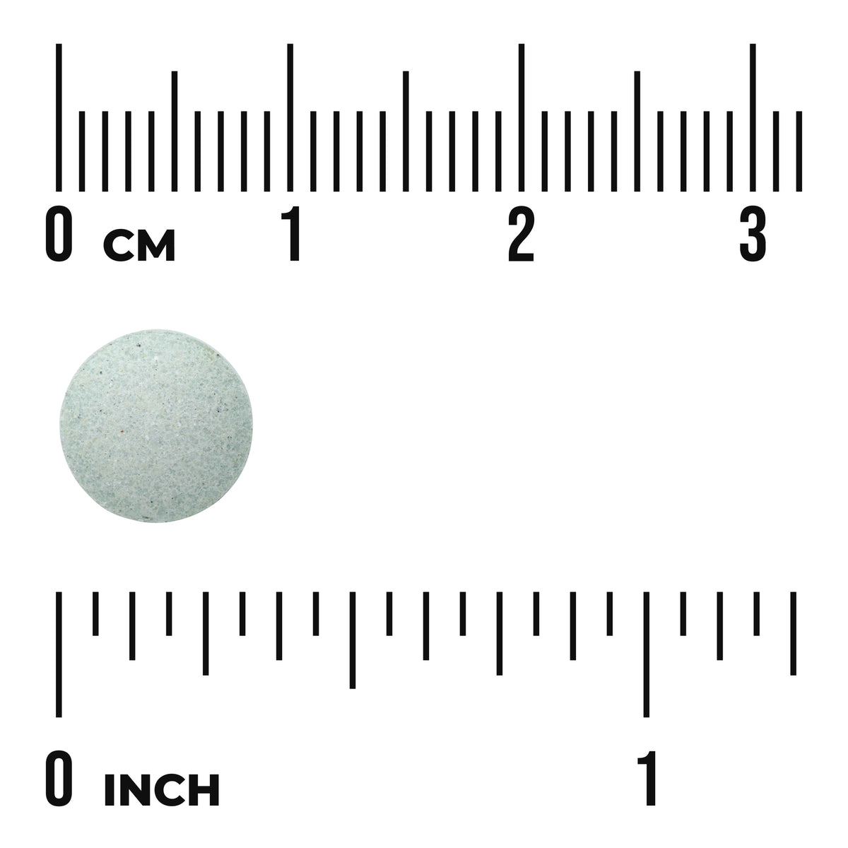 SWU427 | Round pale green tablet shown next to centimeter and inch rulers, text "0 cm" and "0 inch" visible