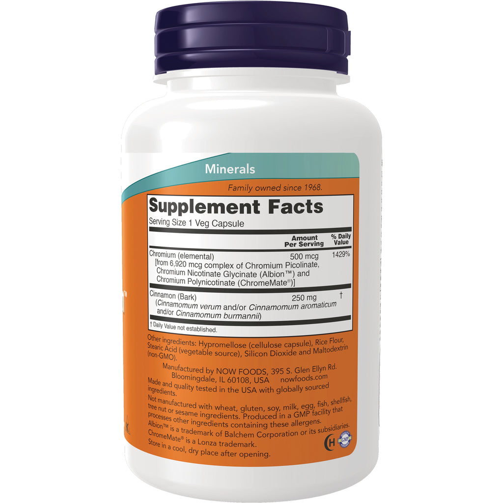 NWF915 | Back label showing Supplement Facts panel listing Chromium 500 mcg and Cinnamon 250 mg on white bottle - Thumbnail
