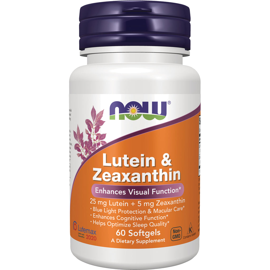 NWF1329 | NOW Lutein & Zeaxanthin 60 softgels bottle with orange label, 25 mg Lutein + 5 mg Zeaxanthin - Thumbnail