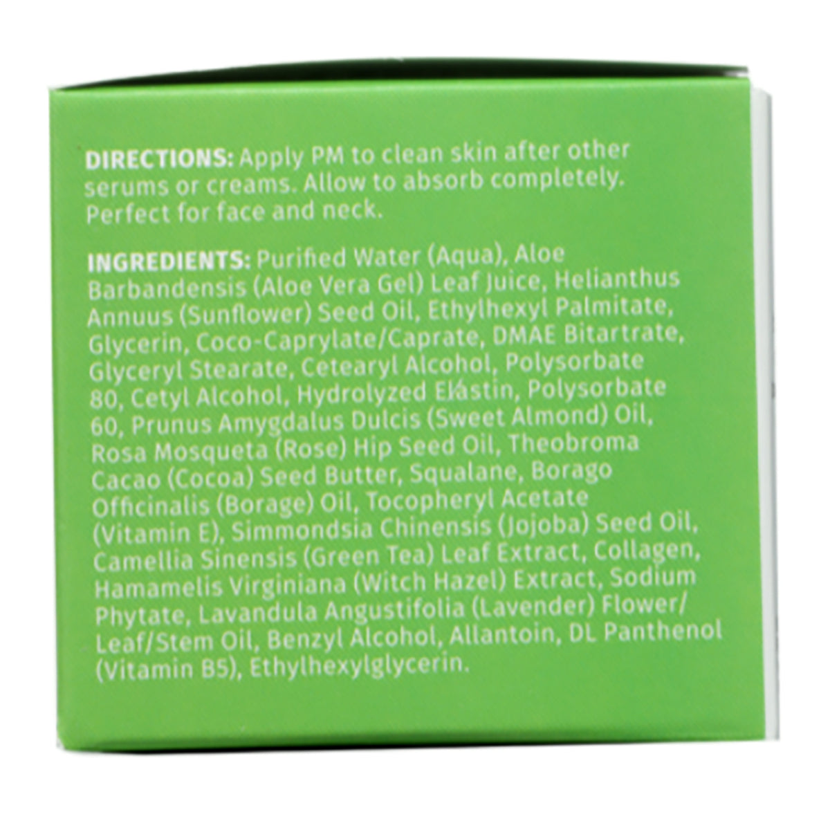 RV059 | green product box back showing directions and ingredients text for a skincare product