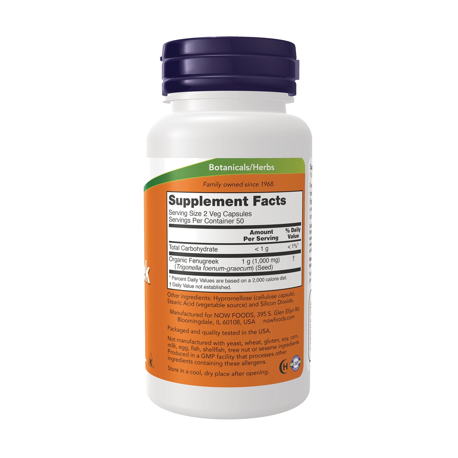 NWF541 | Back of white supplement bottle showing Supplement Facts label with serving size and organic fenugreek ingredient list