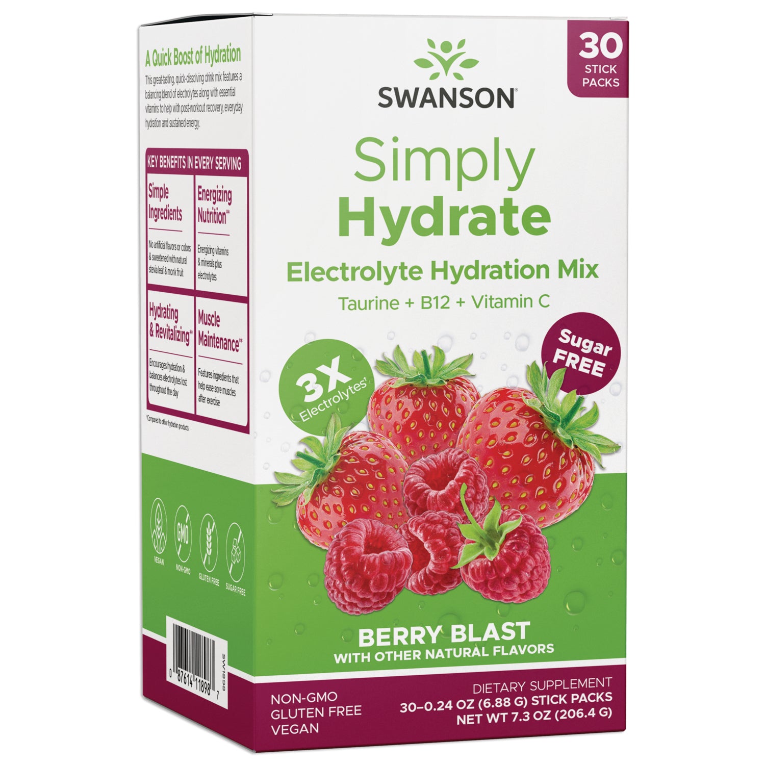 SW1898 | Swanson Simply Hydrate Electrolyte Hydration Mix Berry Blast, 30 stick packs, sugar free, 3X electrolytes