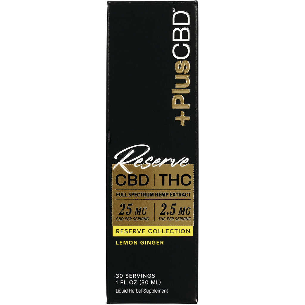 Black vertical box labeled Reserve CBD | THC full spectrum hemp extract, 25 mg CBD per serving, lemon ginger, 30 servings - Thumbnail