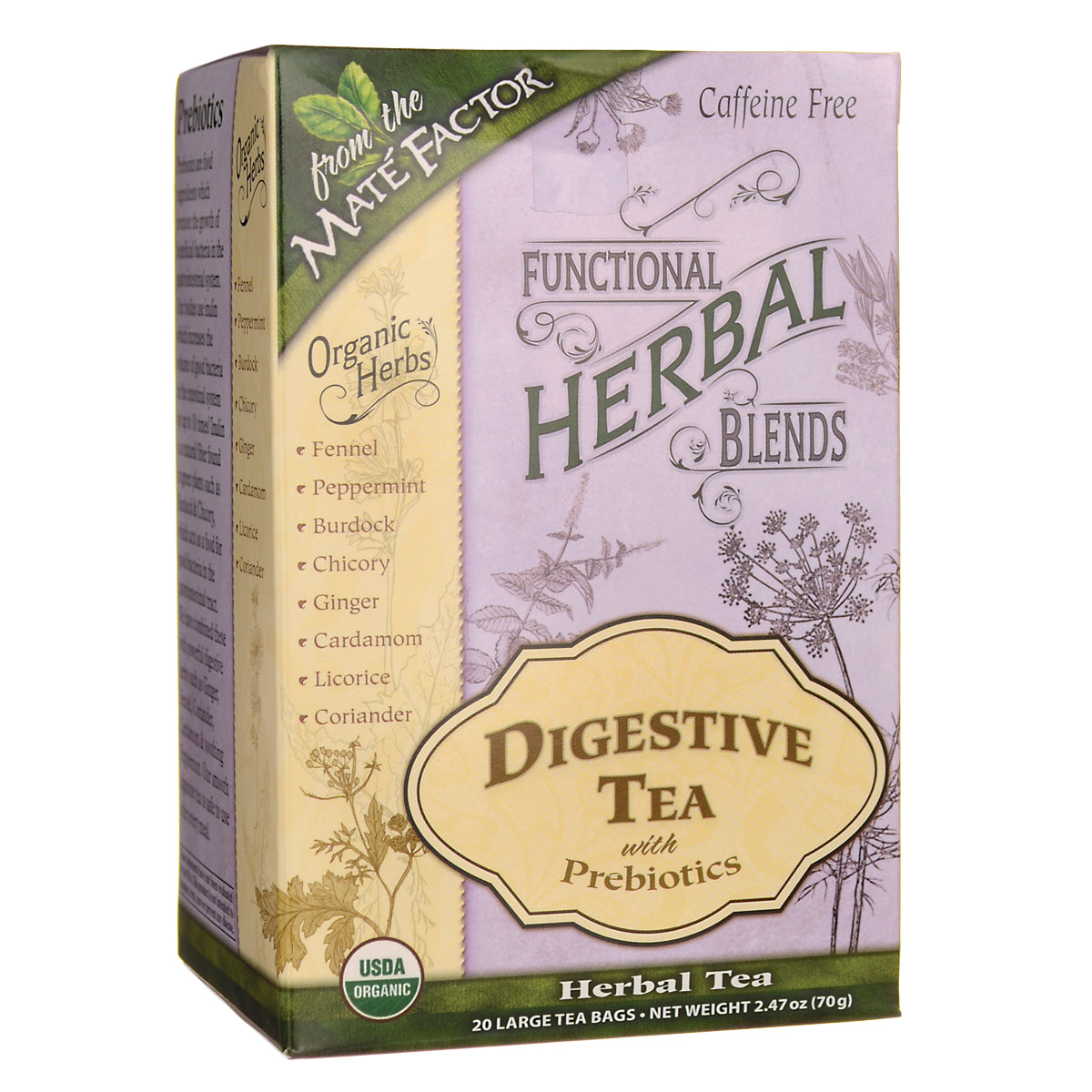 MTF013 | Box of Functional Herbal Blends Digestive Tea with Prebiotics, front packaging labeled USDA Organic