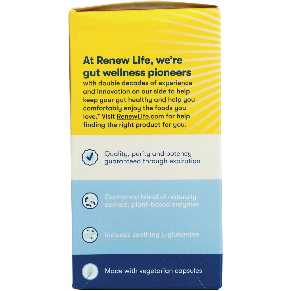 RNL226 | Back of yellow and blue Renew Life supplement box with gut wellness text, icons, and Made with vegetarian capsules note - Thumbnail