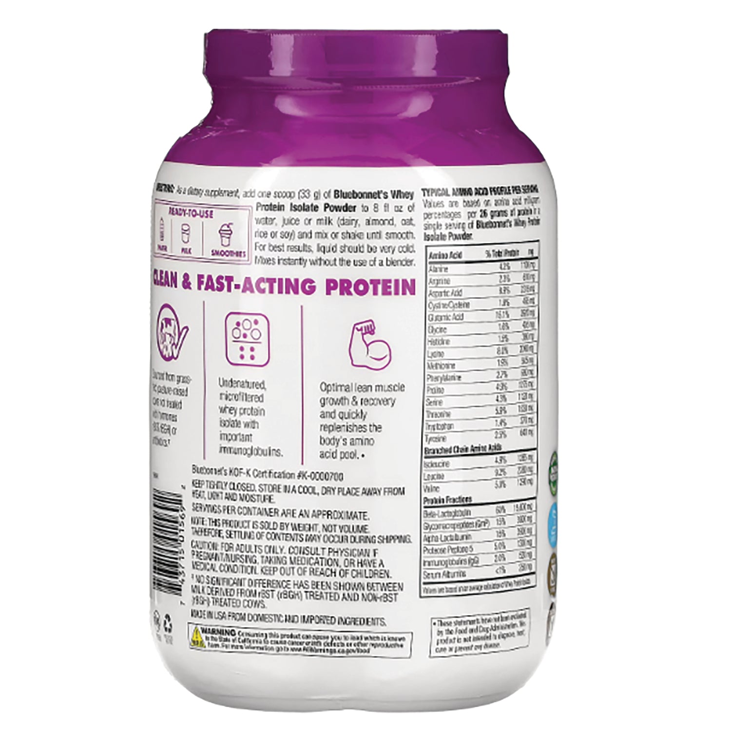 BLU132 | Back label of white protein powder jar with purple lid showing nutrition facts and product information